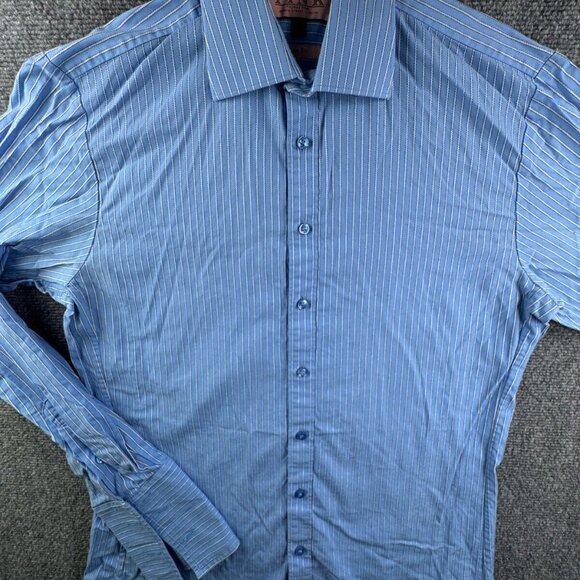 Thomas Pink Long Sleeve Button Up Shirt Men Cotton Striped Blue 15.5 Slim Fit - Picture 1 of 13